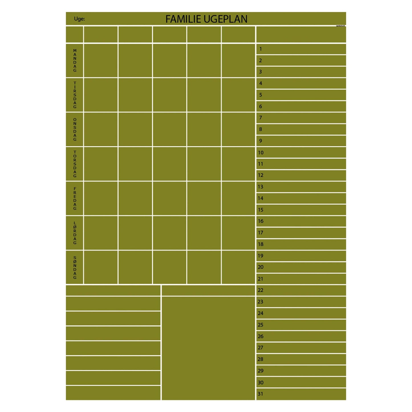 Leantools Planlægningstavle Oliven / 65x90 cm Familie plan selvklæbende whiteboardfolie