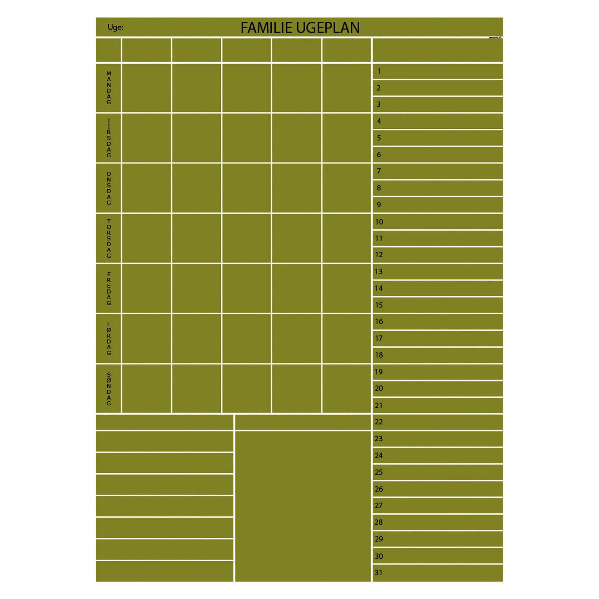 Leantools Planlægningstavle Oliven / 65x90 cm Familie plan selvklæbende whiteboardfolie