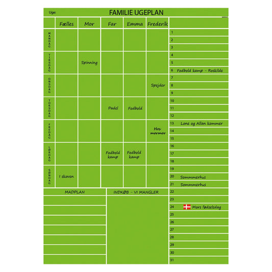 Leantools Planlægningstavle Grøn Familie plan uge selvklæbende whiteboardfolie 65x90 cm