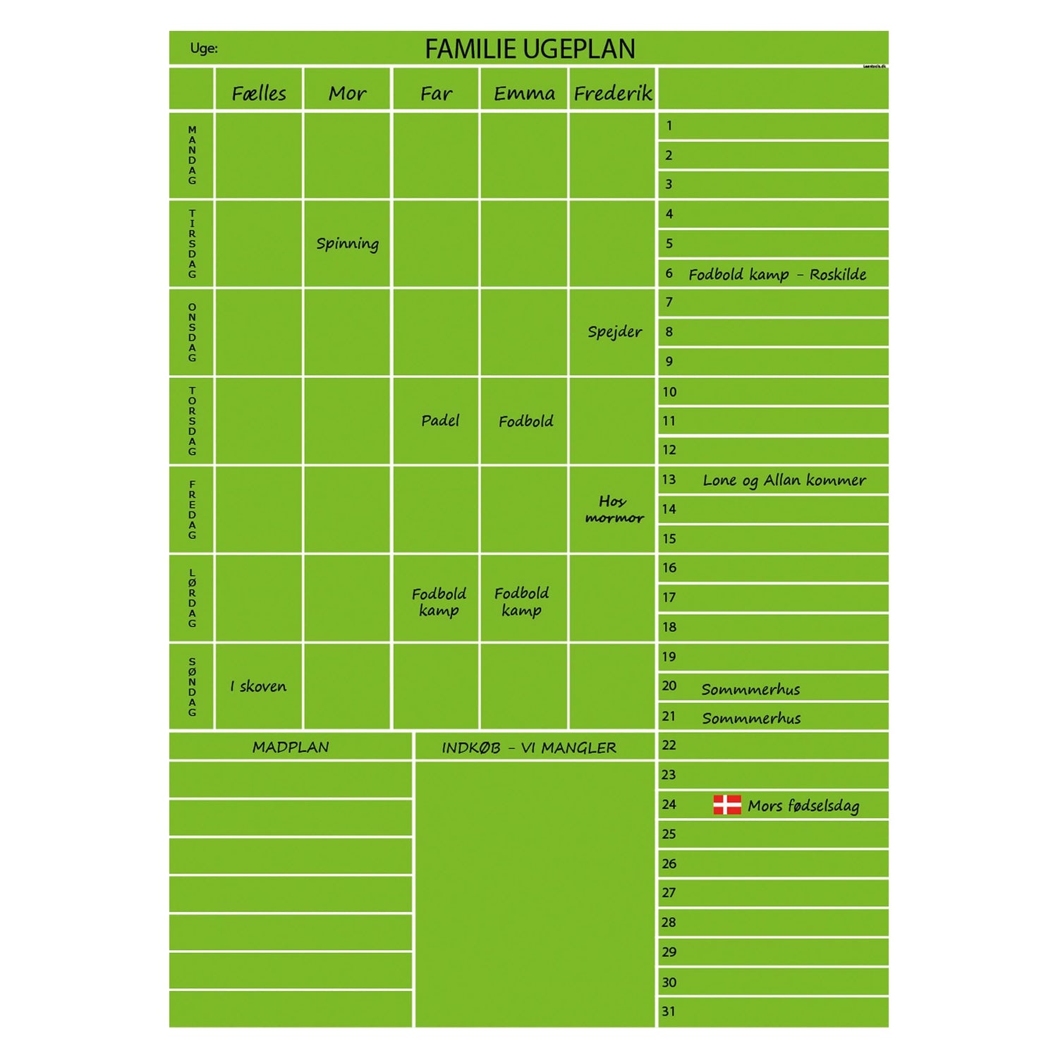 Leantools Planlægningstavle Grøn Familie plan uge selvklæbende whiteboardfolie 65x90 cm