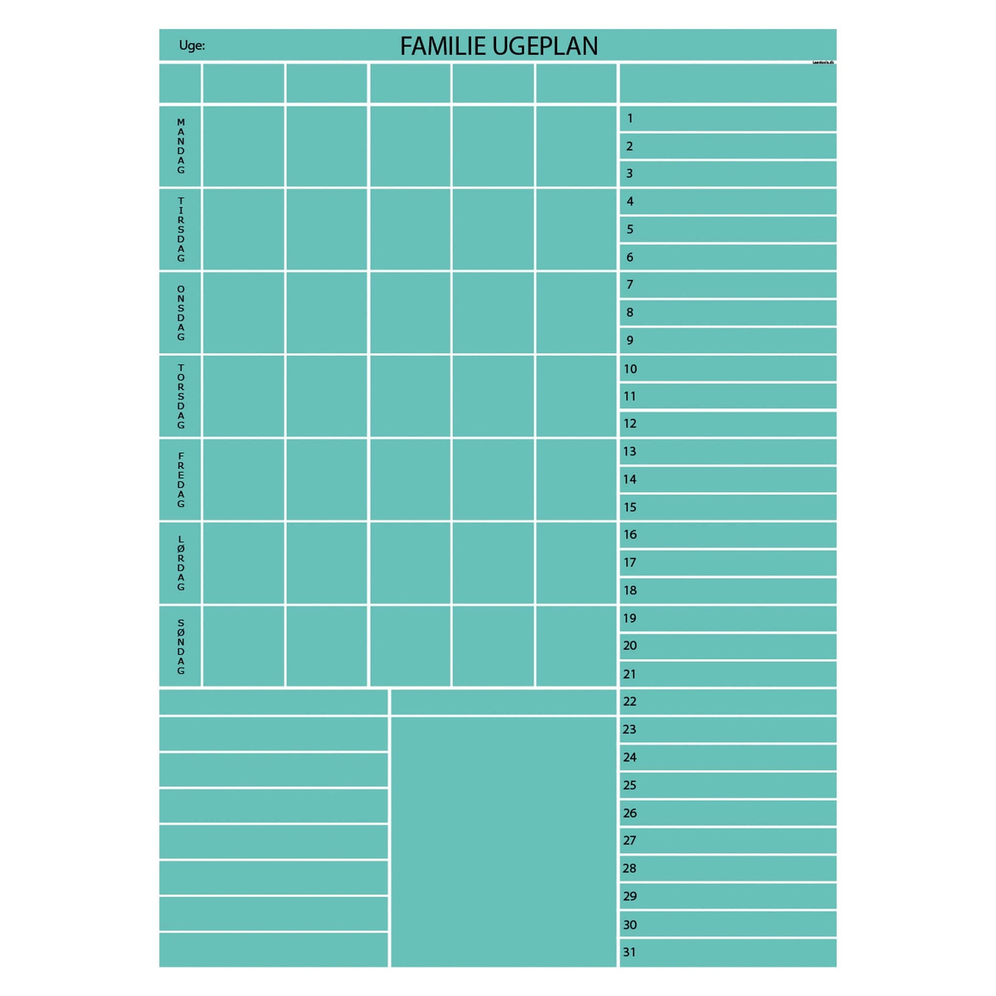 Leantools Planlægningstavle Turkis Familie plan uge selvklæbende whiteboardfolie 65x90 cm