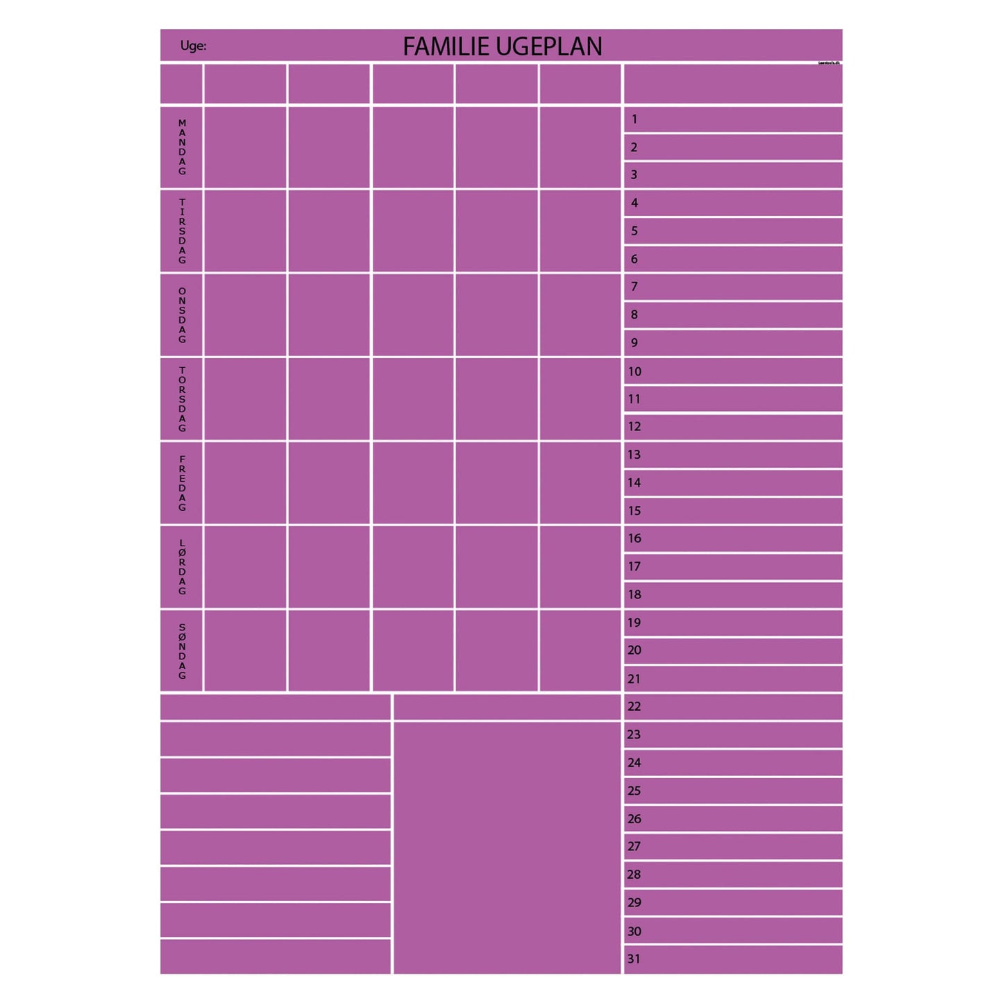 Leantools Planlægningstavle Lilla Familie plan uge selvklæbende whiteboardfolie 65x90 cm