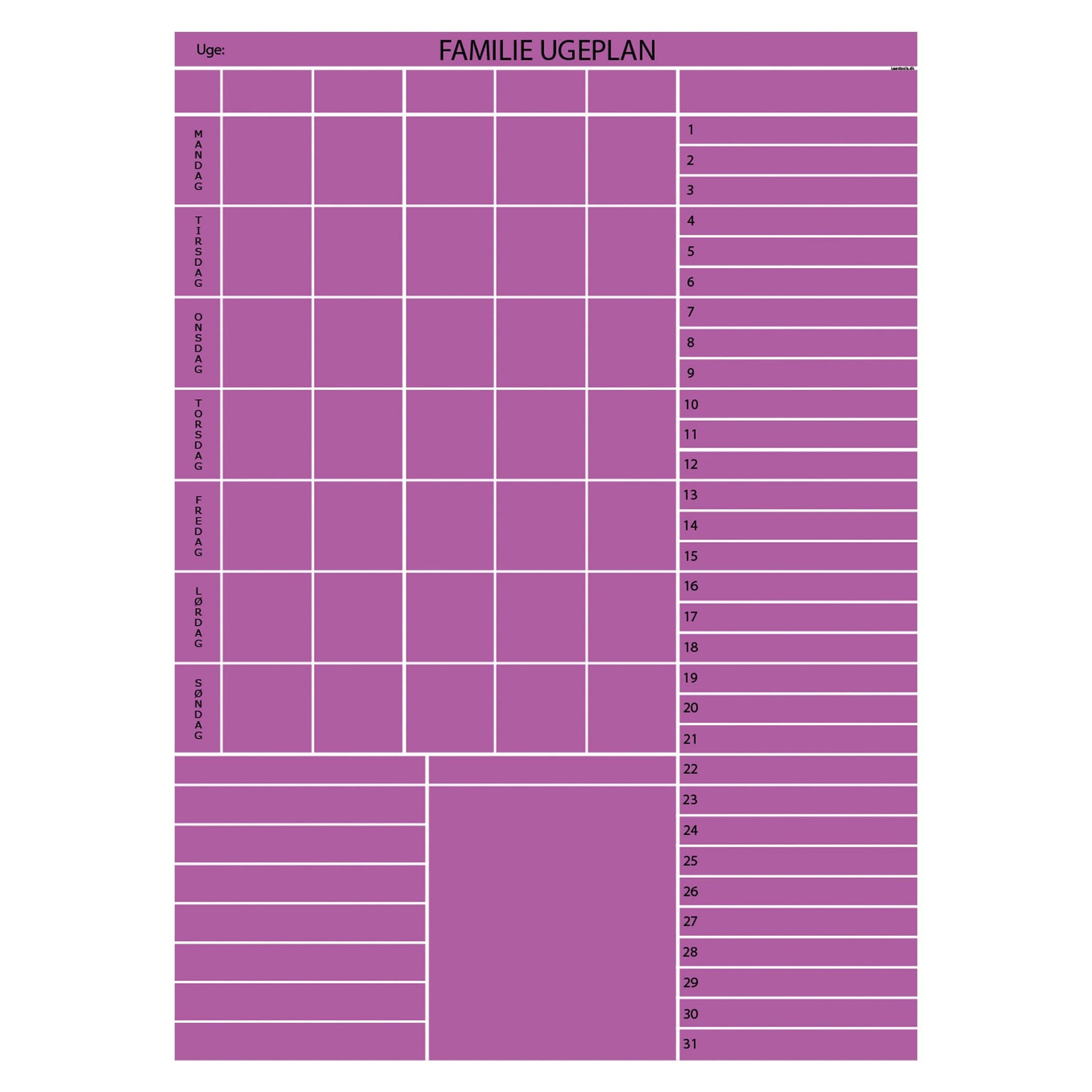 Leantools Planlægningstavle Lilla Familie plan uge selvklæbende whiteboardfolie 65x90 cm