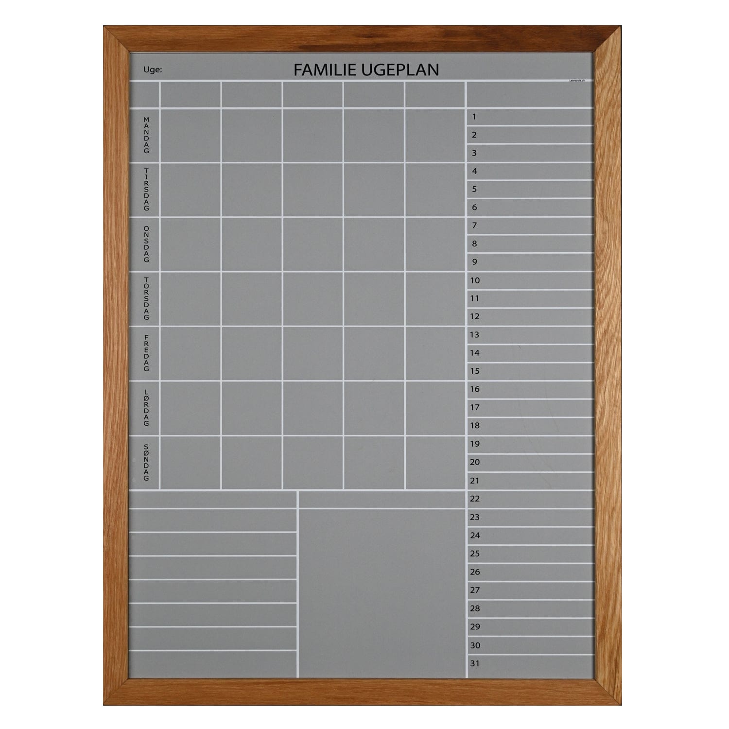 Leantools Planlægningstavle Lys Grå / 60x90 cm Familie plan Whiteboard med Egetræs ramme