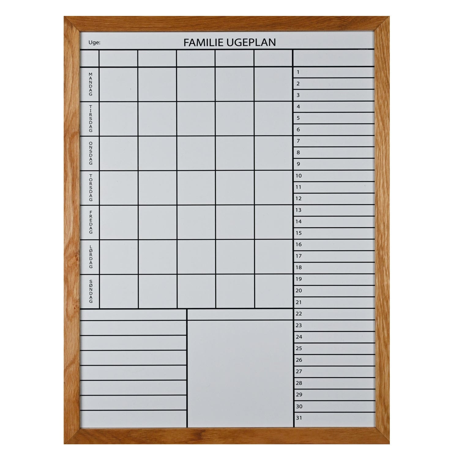 Leantools Planlægningstavle Hvid / 60x90 cm Familie plan Whiteboard med Egetræs ramme